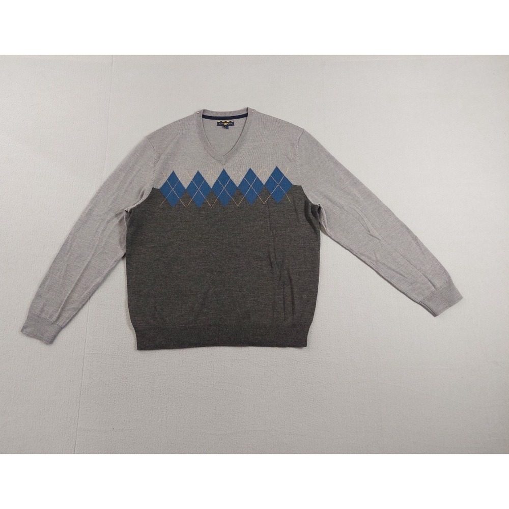 Club Room Men Sweater L Gray Argyle V Neck Long Sleeve Winter Classic Pullover